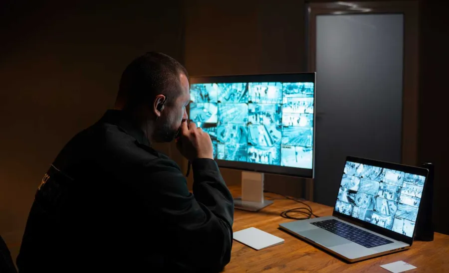 Security officer monitoring multiple surveillance camera feeds on dual monitors in a dimly lit room