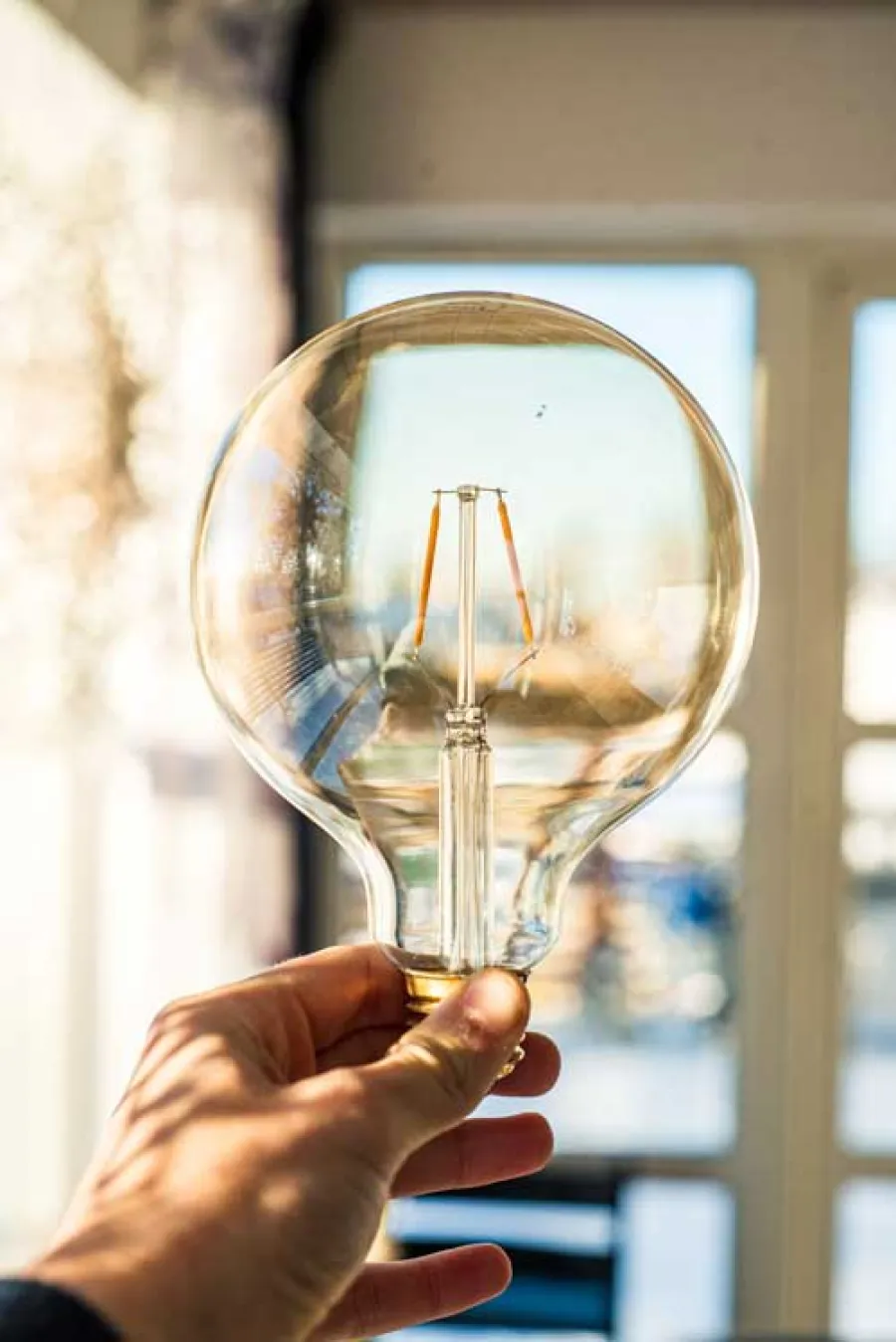Hand holding a clear incandescent light bulb with a blurred window background in warm daylight.