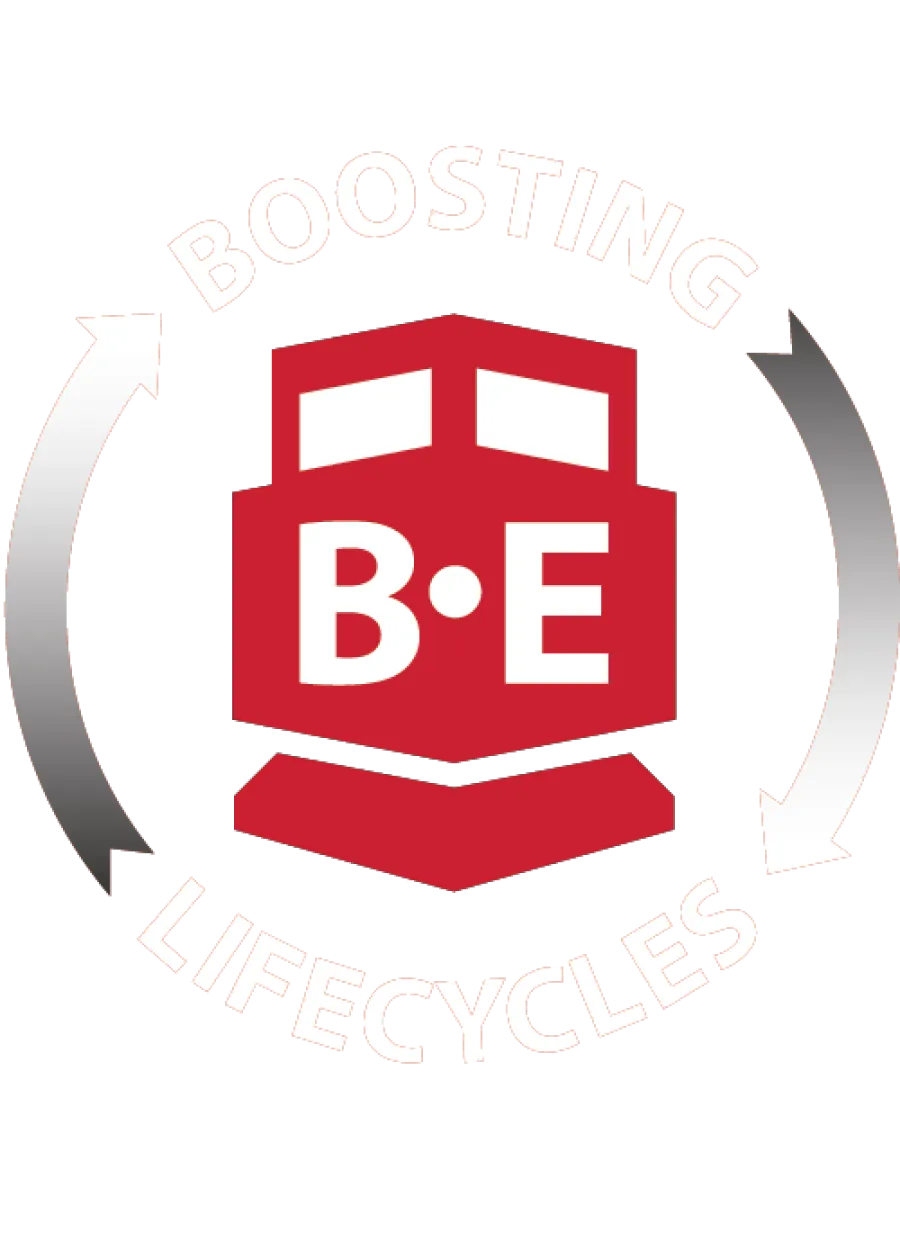 Red hexagonal icon with B·E in white, surrounded by circular arrows and text Boosting Lifecycles.