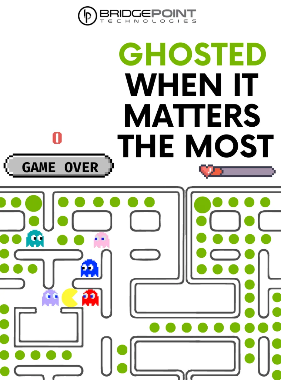 Pac-Man style game maze showing game over and Ghosted When It Matters The Most text with BridgePoint Technologies logo
