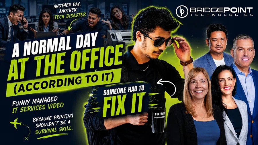 Office workers frustrated with tech issues contrasted with IT professional confidently fixing problems in a humorous scene.