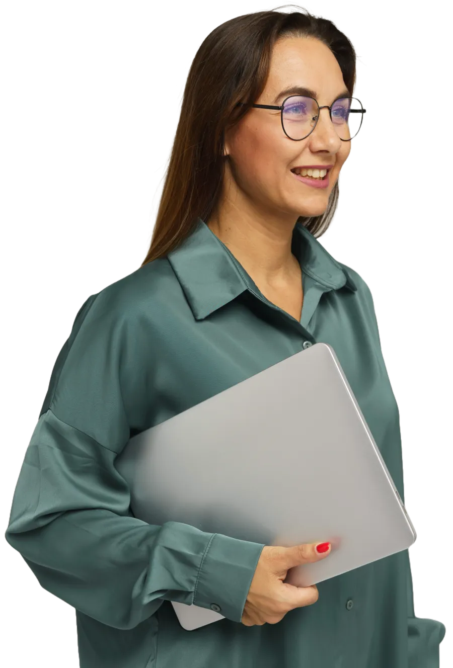 Smiling woman in glasses holding a laptop wearing a green shirt, looking to the side confidently.