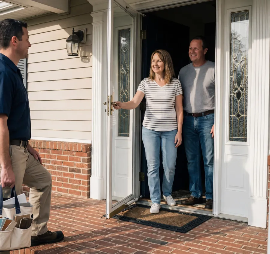 Homeowners open front door to greet a delivery person holding a bag with packages outside a brick porch.