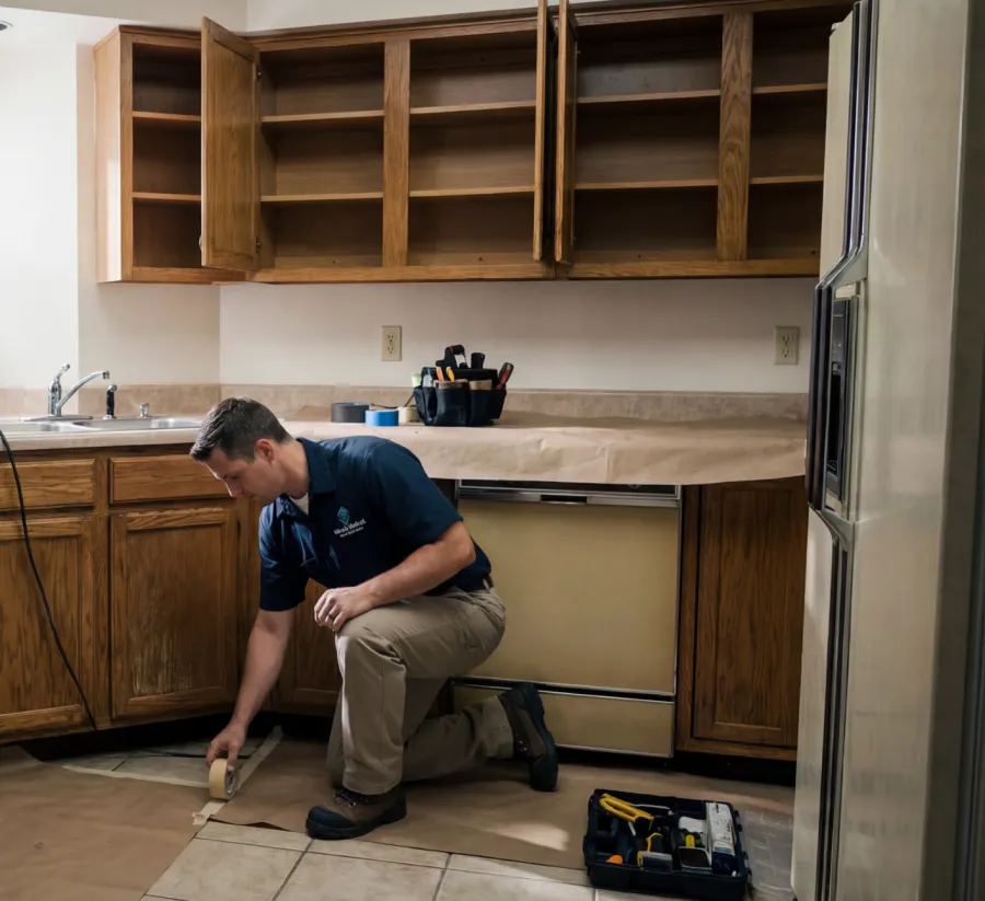 Professional installer preparing kitchen floor for renovation, kneeling by cabinets and taping protective paper.