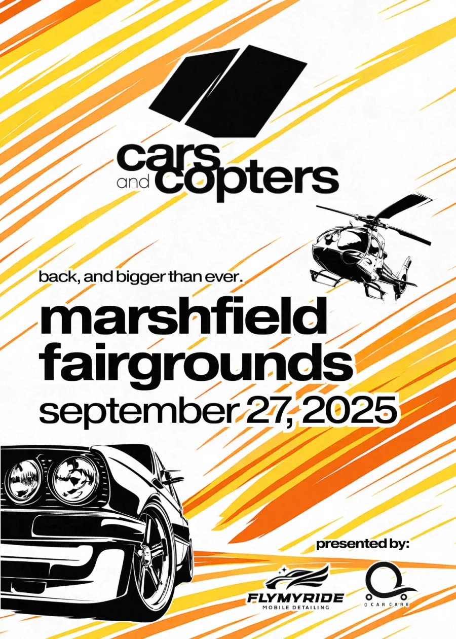 Event poster for Cars and Copters at Marshfield Fairgrounds on September 27, 2025, featuring a car and a helicopter graphic.