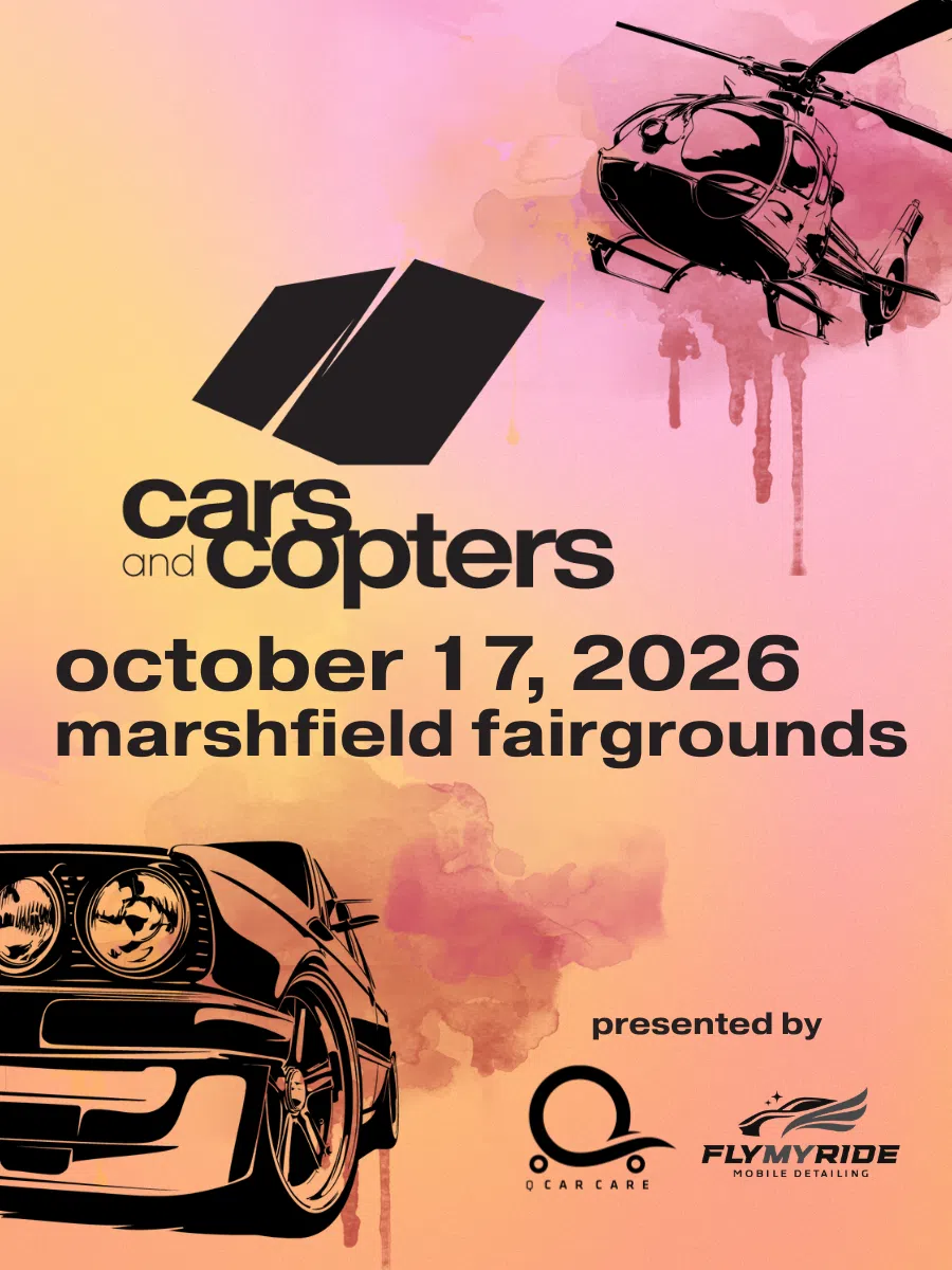 Cars and Copters event poster featuring a car and helicopter illustration on a pink and orange background with event details.