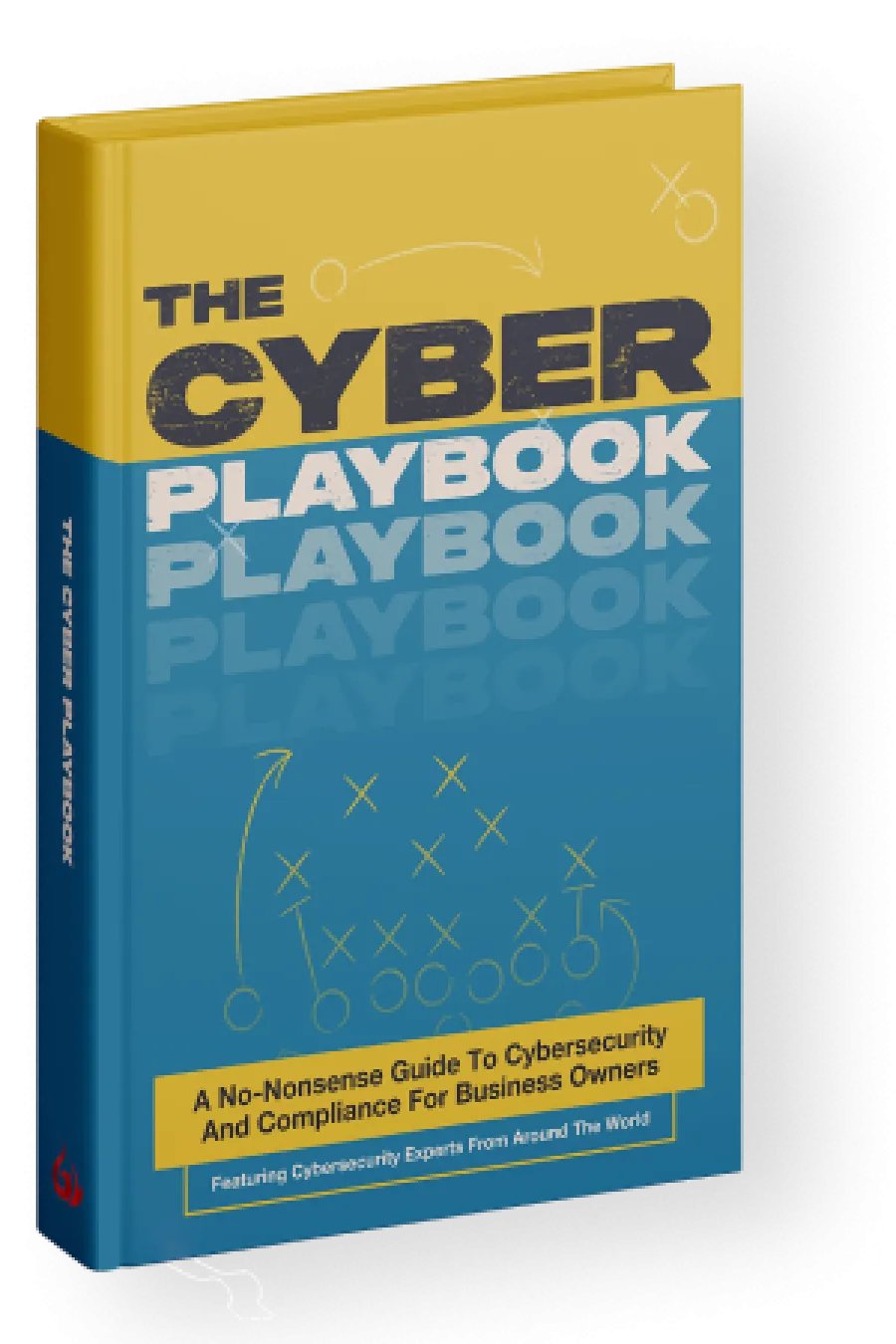 The Cyber Playbook book cover with a blue and yellow design featuring cybersecurity strategies for business owners.