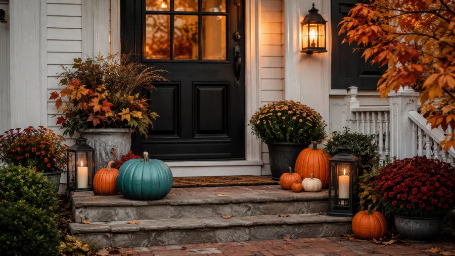 Cozy autumn porch with pumpkins, flowers, candles, and fall foliage decorating stone steps and black front door.