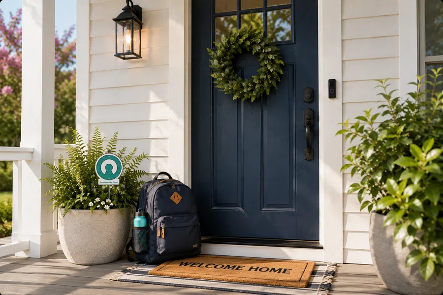 Front porch with navy blue door, green wreath, welcome mat, backpack, and potted plants in warm daylight.