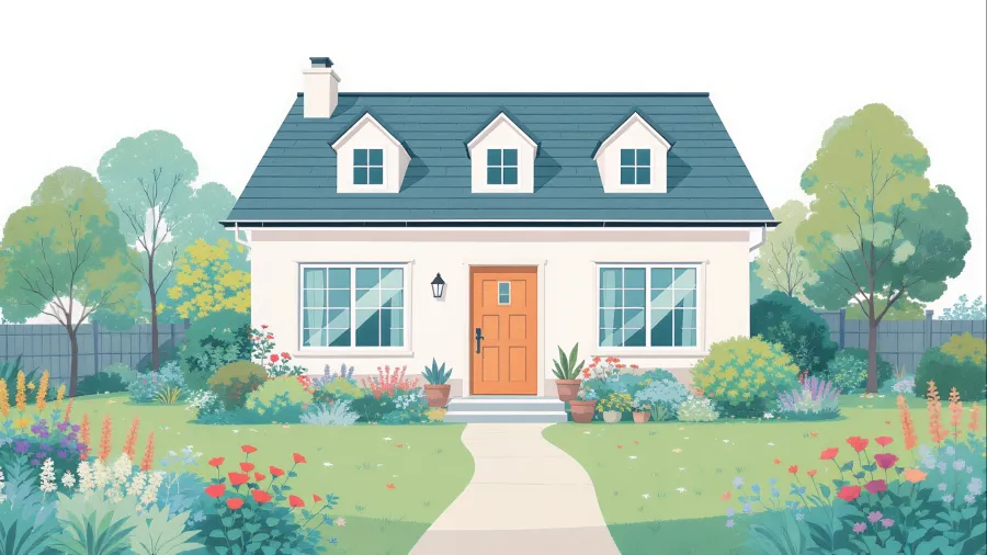 Front view of a cozy house with a blue roof, orange door, and colorful garden with flowers and trees.