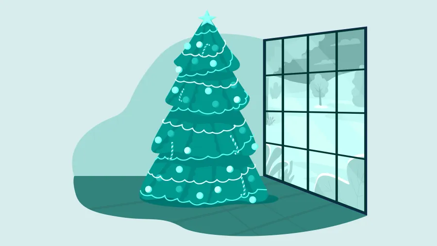 Decorated Christmas tree next to large window with snowy winter landscape outside.