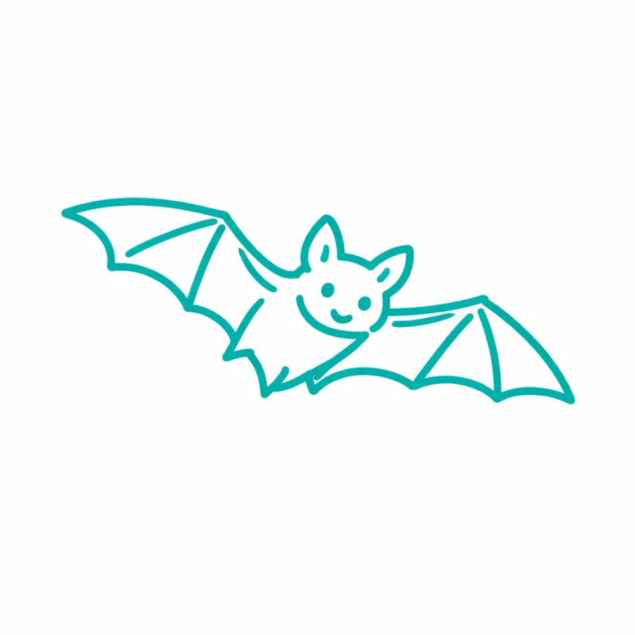 Simple teal line drawing of a smiling bat with outstretched wings on a white background