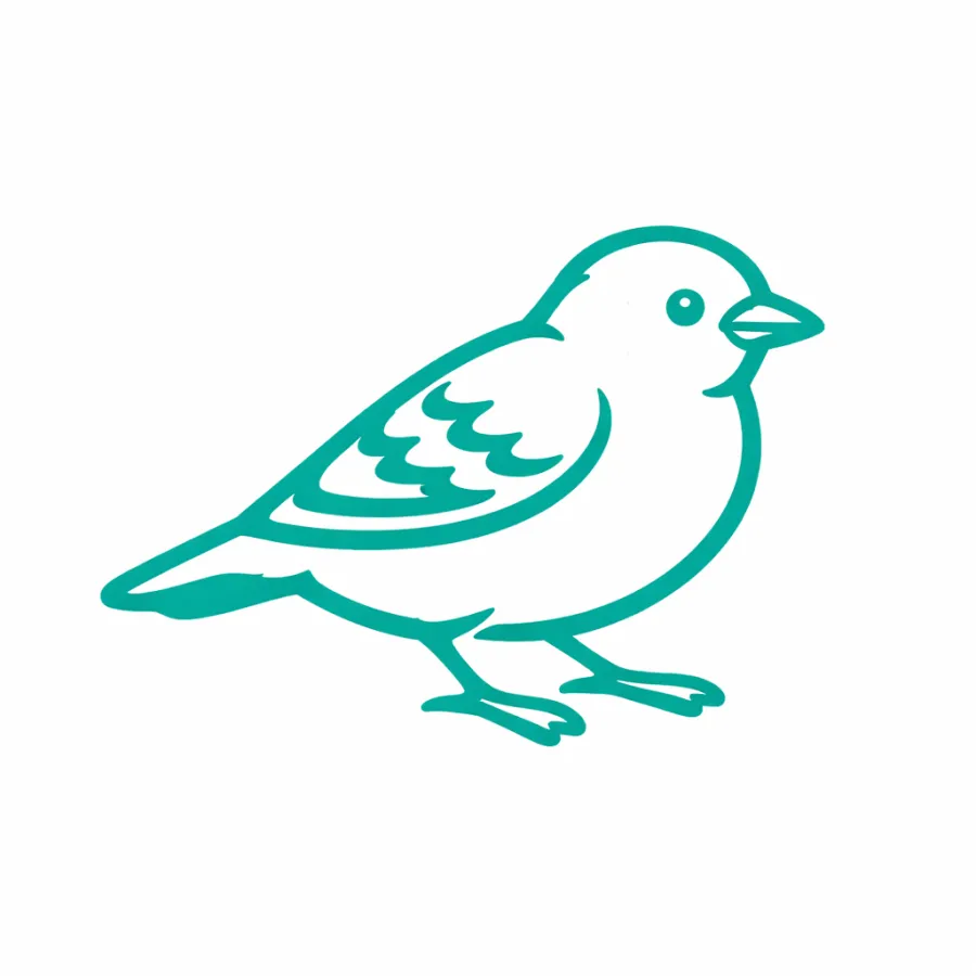 Simple teal line drawing of a small bird facing right with wing details on a white background.