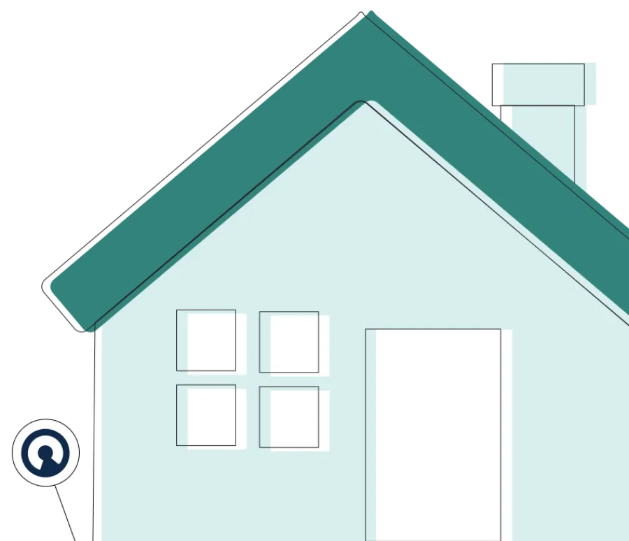 Simple illustration of a house with a teal roof, chimney, and four-pane window on light blue walls.