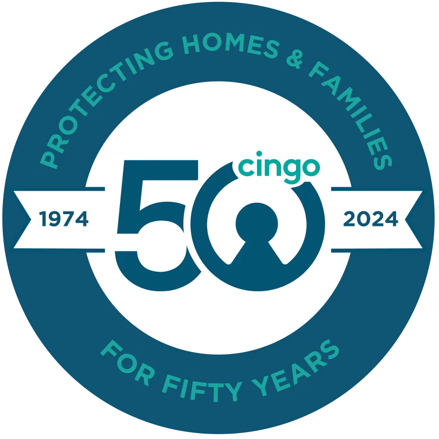 Cingo 50th anniversary logo with text Protecting Homes & Families from 1974 to 2024 in blue and teal colors.