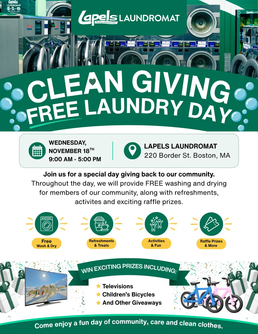 Laundromat event poster with overlaid text promoting free laundry day, refreshments, activities, and raffle prizes.
