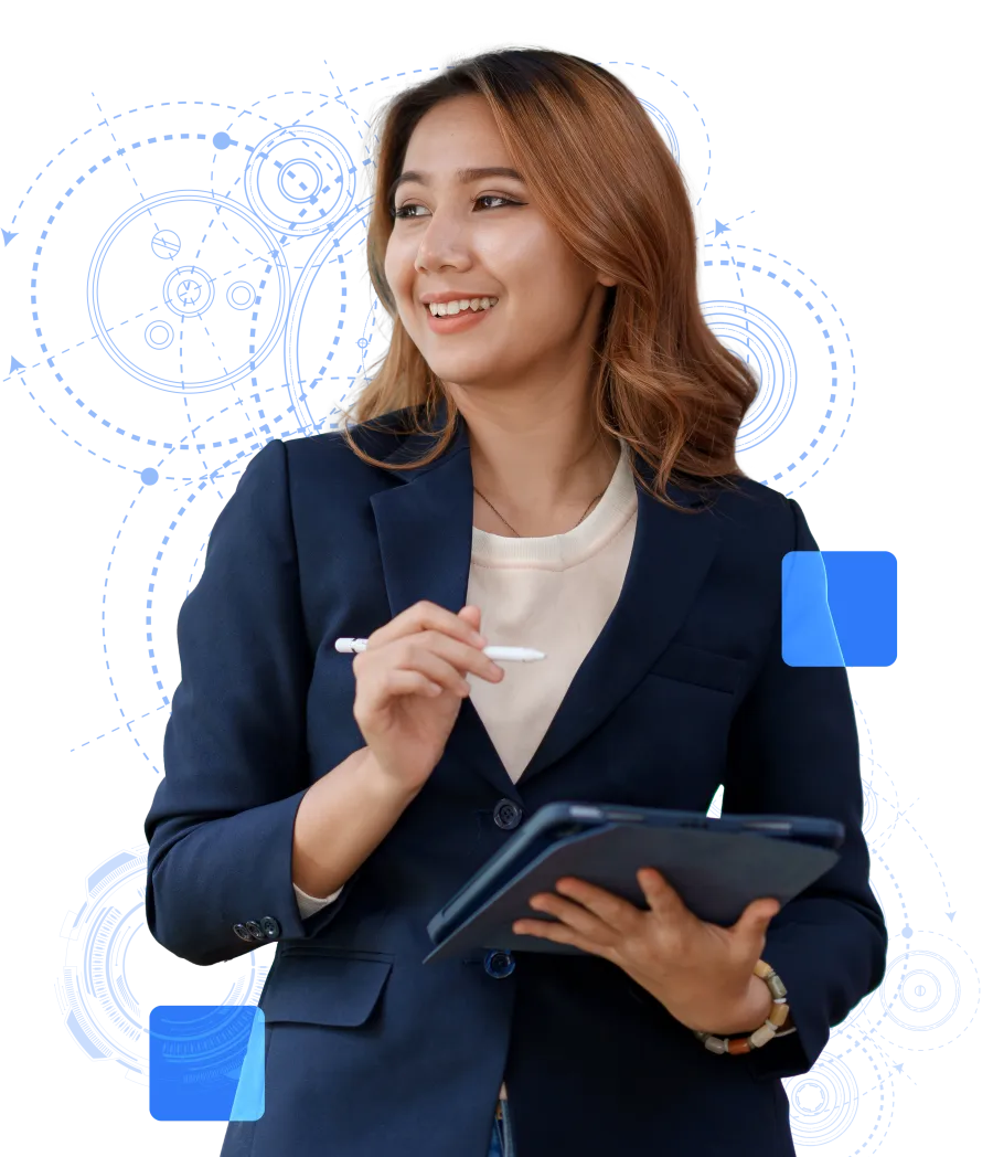 Smiling businesswoman in navy blazer holding tablet and digital pen with blue tech gear graphics in background