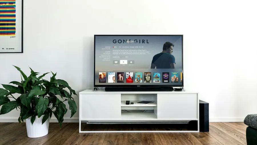 Modern living room with a flat-screen TV showing Gone Girl movie interface on a white media console.