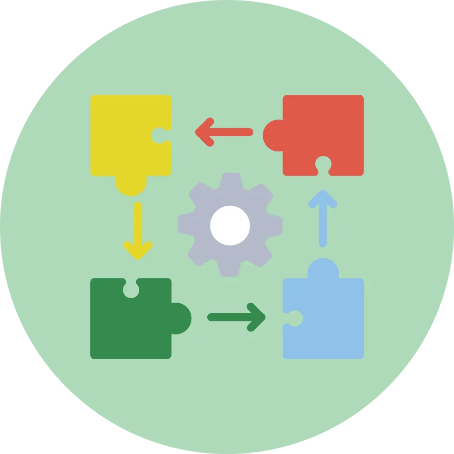 Colorful puzzle pieces connected with arrows around a central gear on a green circular background