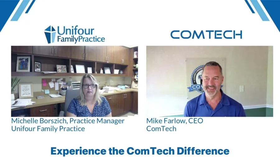Split-screen video call showing Michelle Borszich, Practice Manager at Unifour Family Practice, and Mike Farlow, CEO of ComTech.
