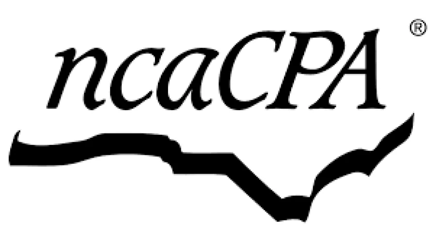 Black and white logo of ncaCPA featuring stylized text and an abstract shape of North Carolina state.
