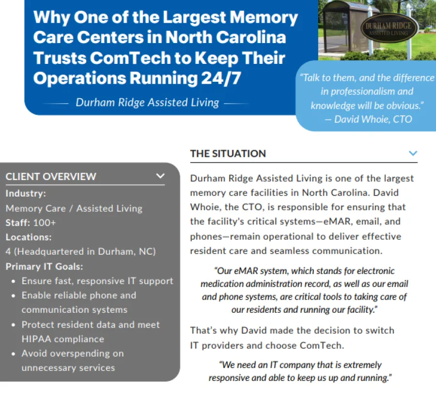 Overview of Durham Ridge Assisted Living's IT solutions for memory care center operations and communication systems