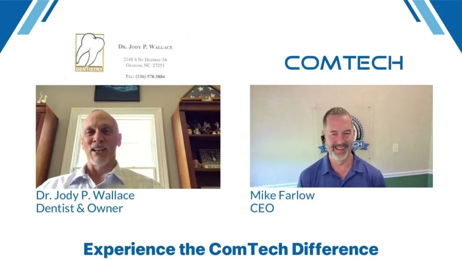 Dr. Jody P. Wallace dentist and Mike Farlow CEO in split screen video call for ComTech promotion.