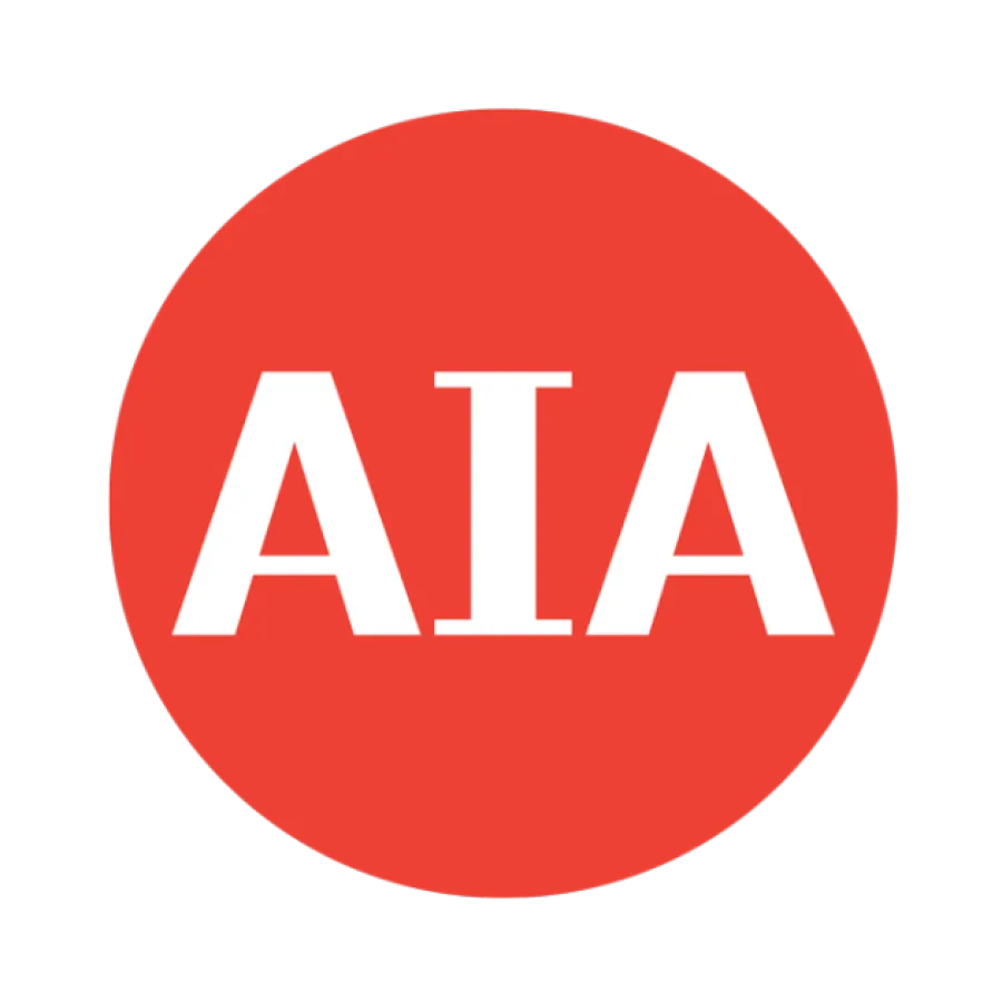 Red circular logo with white capital letters AIA centered inside the circle