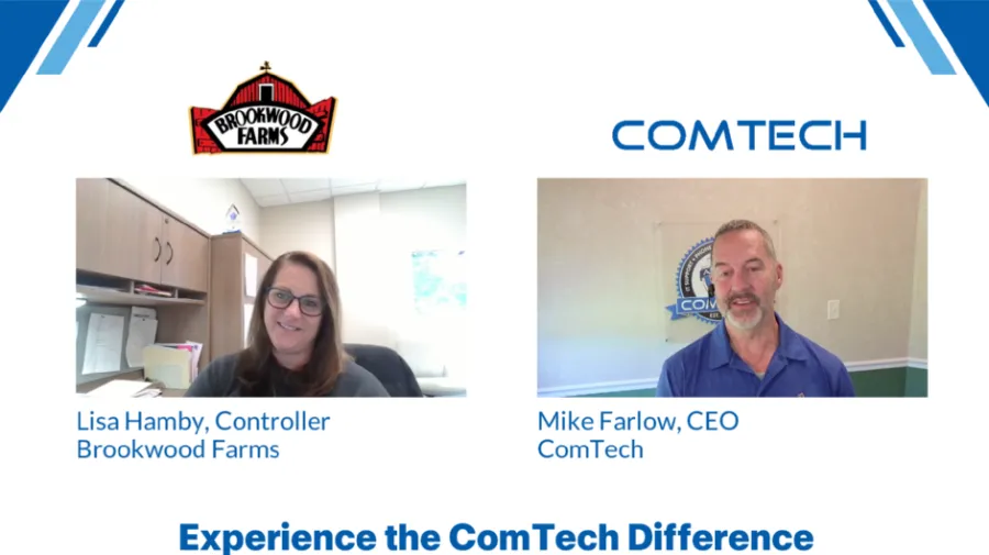 Lisa Hamby and Mike Farlow featured in a promotional image for Brookwood Farms and ComTech leadership.