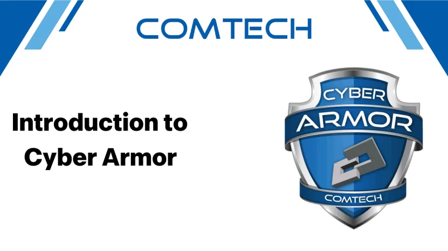 Comtech slide introducing Cyber Armor with shield logo and company branding in blue and silver colors