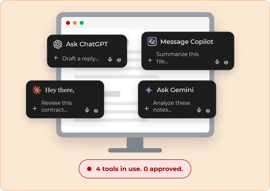 Illustration of a computer screen with four AI tools active and a status message showing 4 tools in use, 0 approved, on a transparent background.