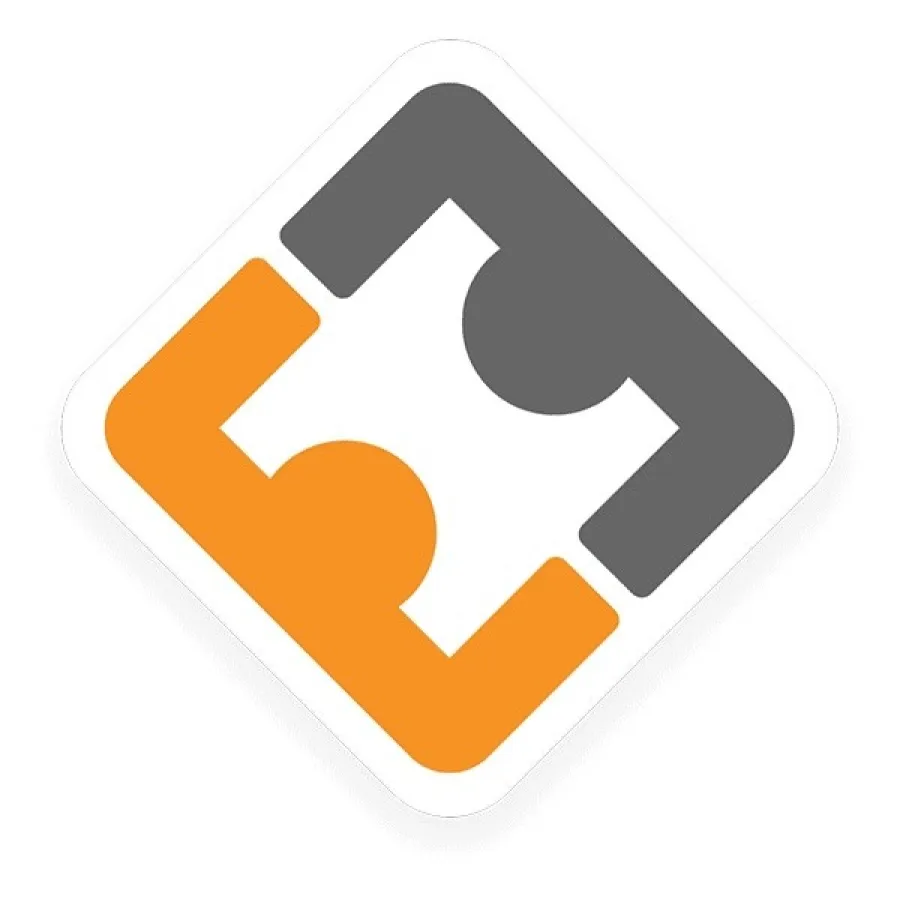 Diamond-shaped icon with two puzzle pieces, one orange and one gray, interlocking inside a white border.