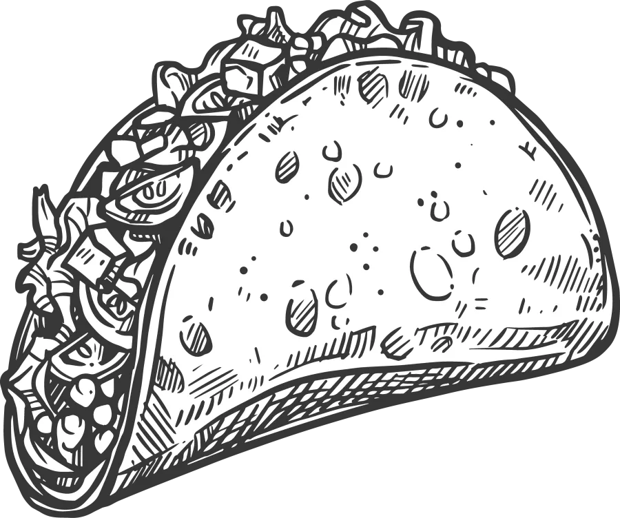 Hand-drawn taco filled with lettuce, tomatoes, and cheese, showcasing delicious toppings.