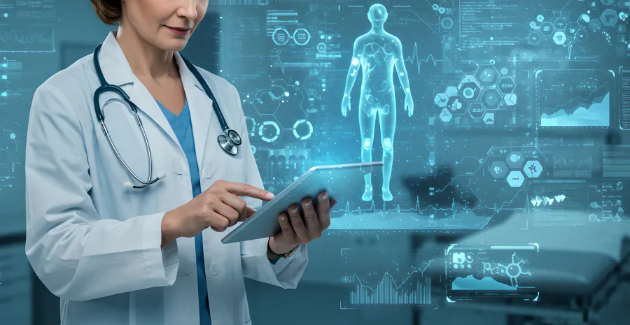 Doctor with stethoscope using tablet with futuristic medical data and human body digital interface.