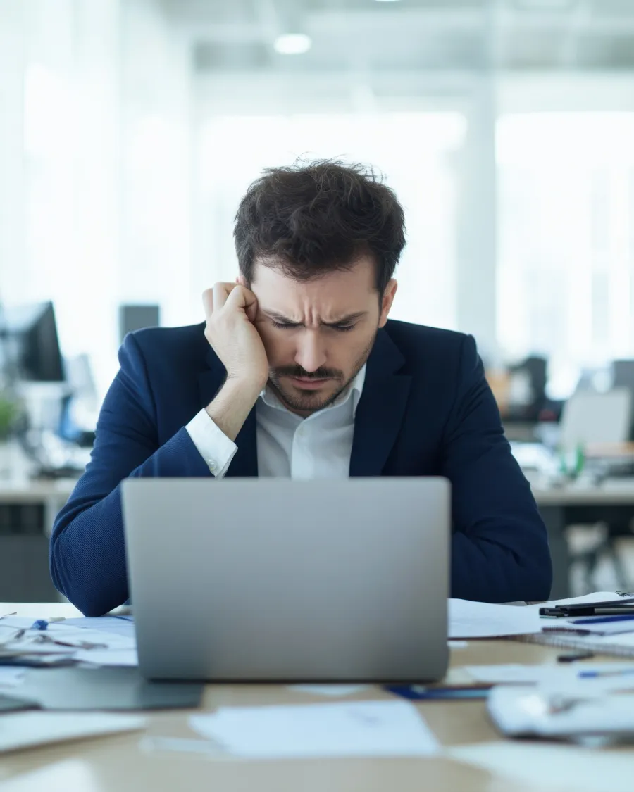 a man sitting at a desk with his hand on his face