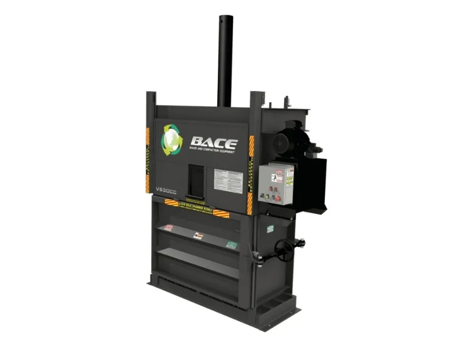 Industrial BACE vertical baler machine for compacting recyclable materials with control panel and safety features.