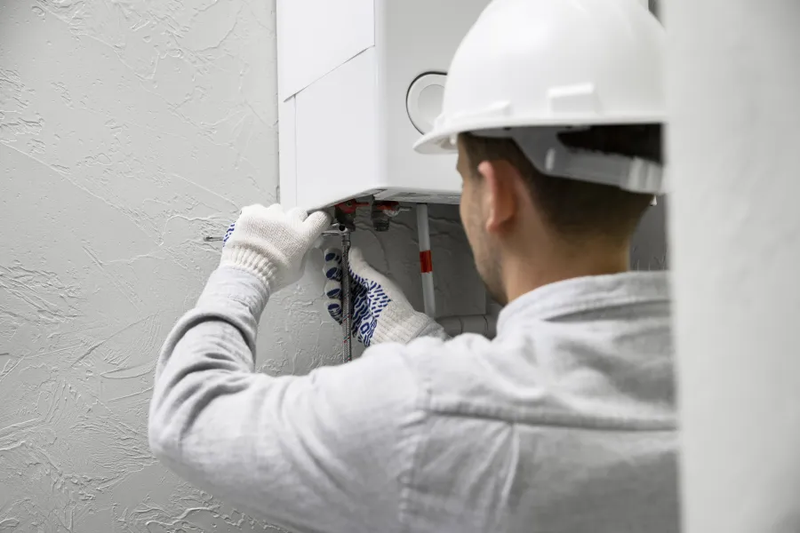 a person wearing a white hard hat and gloves looking through a hole in a wall