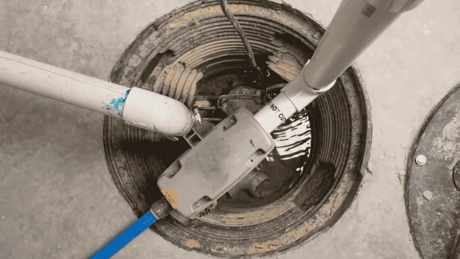 Top-down view of a sump pump system inside a circular pit with connected white and blue pipes.