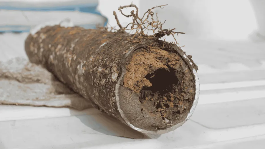 Close-up of a corroded, hollow pipe covered with dirt and roots on a white surface.