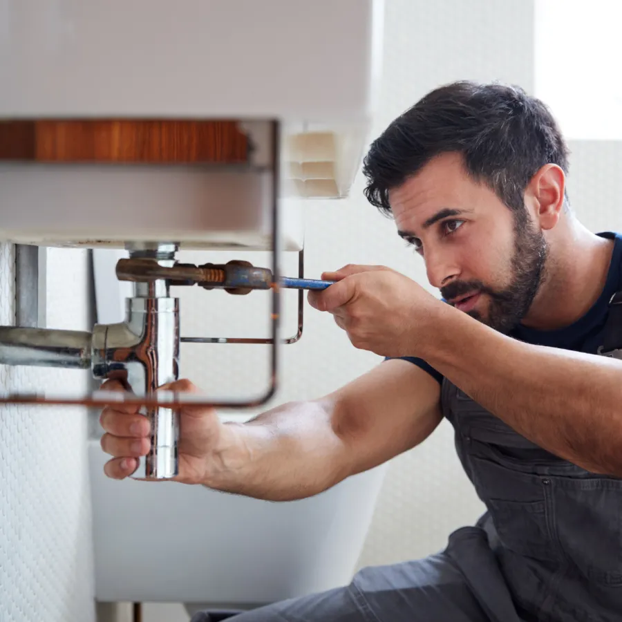 Plumber using a wrench to fix a bathroom sink pipe under the countertop in a tiled bathroom.