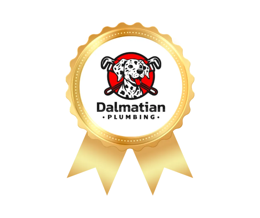 Gold award ribbon featuring Dalmatian Plumbing logo with Dalmatian dog and crossed wrenches on red background.