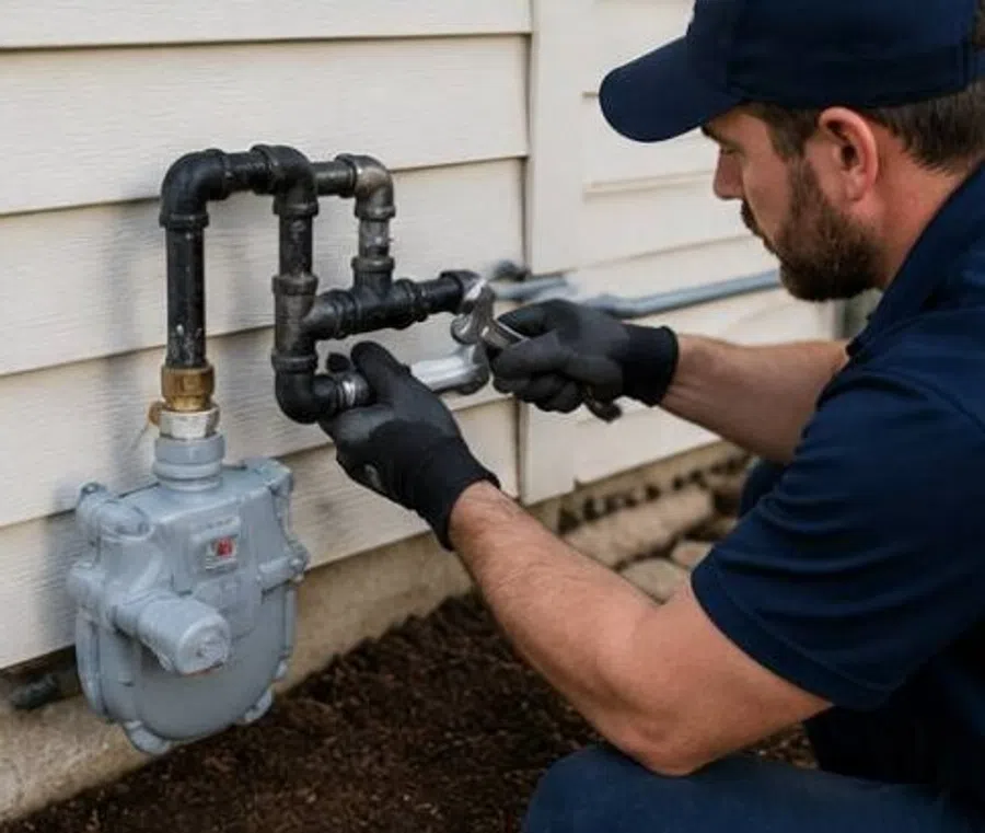 Plumber from Dalmatian Plumbing inspecting and repairing gas pipes with tools and measuring devices in various settings.