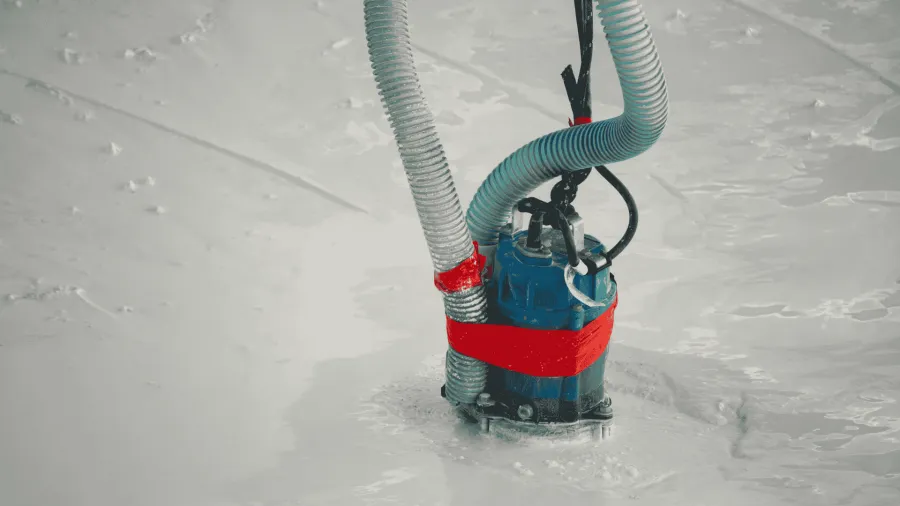 Blue submersible pump with connected hoses submerged in water for fluid removal or drainage