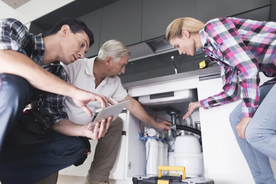 Three people inspecting plumbing and water filtration system under kitchen sink during home repair.
