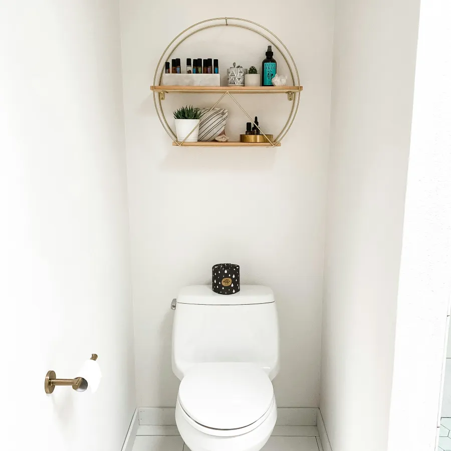 a toilet with a shelf above it