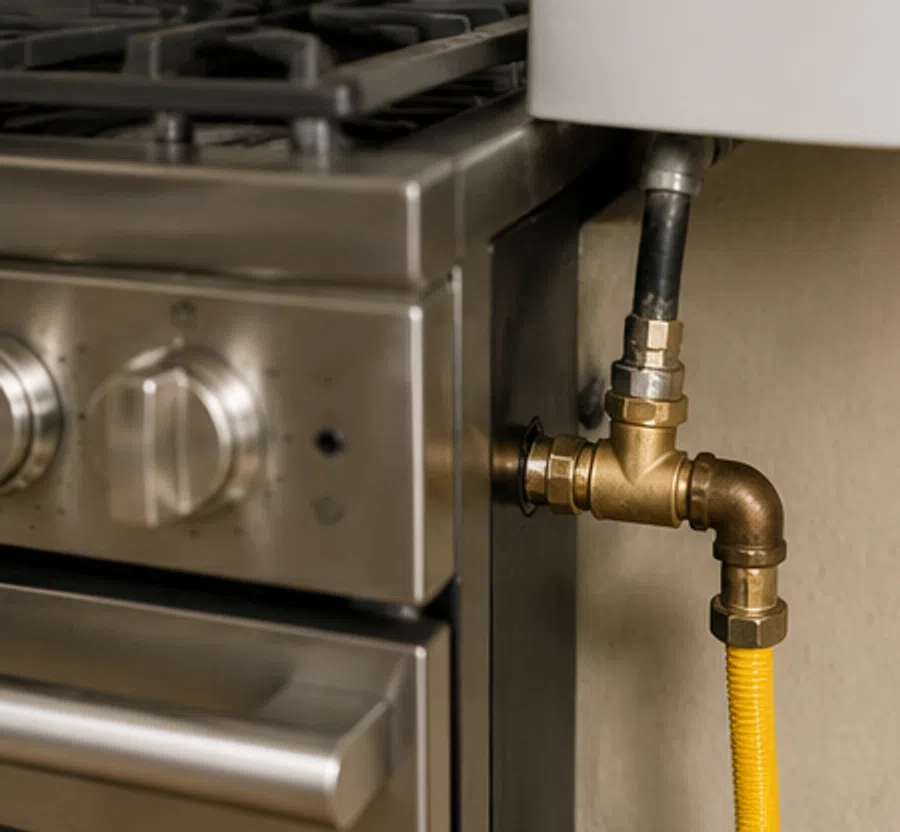 Plumber from Dalmatian Plumbing repairing gas pipes and checking pressure with a gas leak detector and gauge.