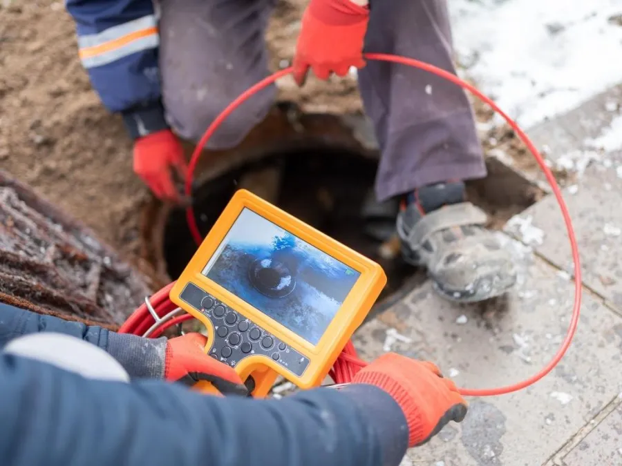 Workers using a sewer inspection camera to inspect underground pipes through a manhole in snowy conditions.