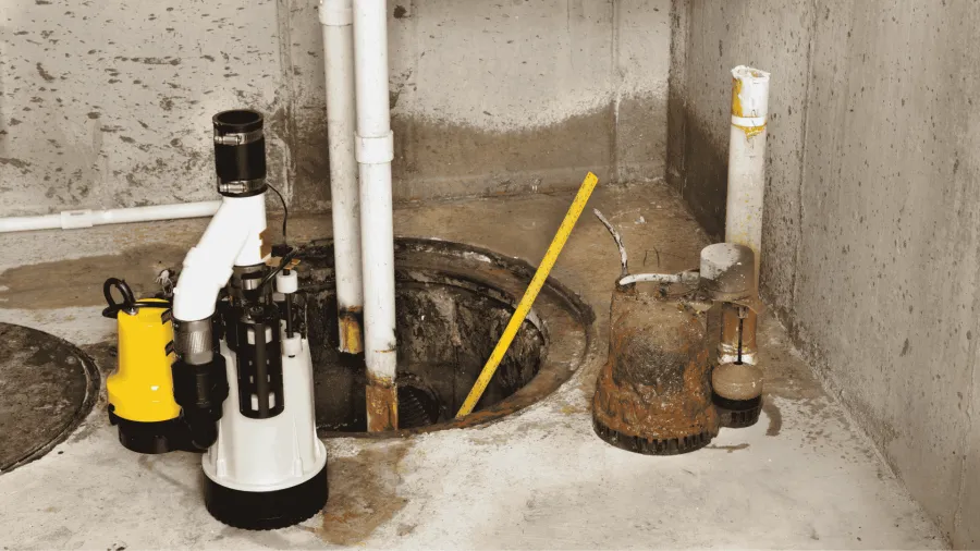 Two sump pumps side by side in a basement near open sump pit with concrete floor and walls