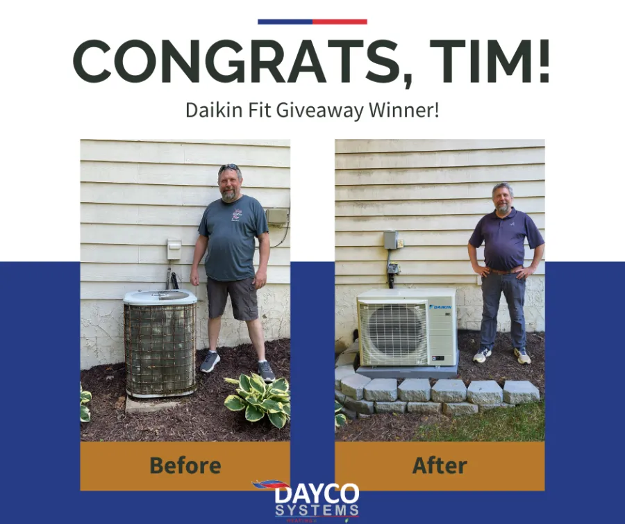 Before and after images of Tim standing next to old and new Daikin Fit air conditioning units at his home.