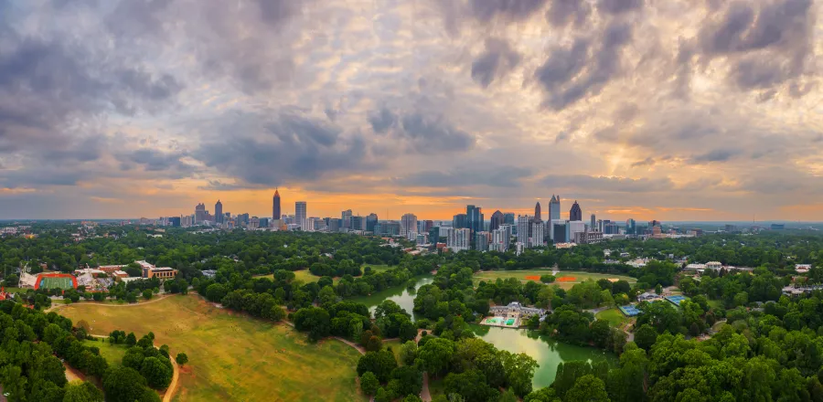 a city skyline with trees and grass